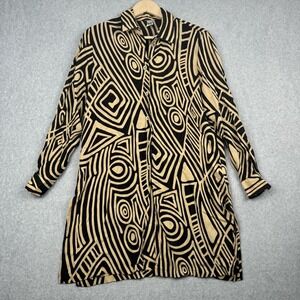 Tru Shirt Womens Size 12 Black Tan Abstract Geometric Tunic Button Up Artsy Boho